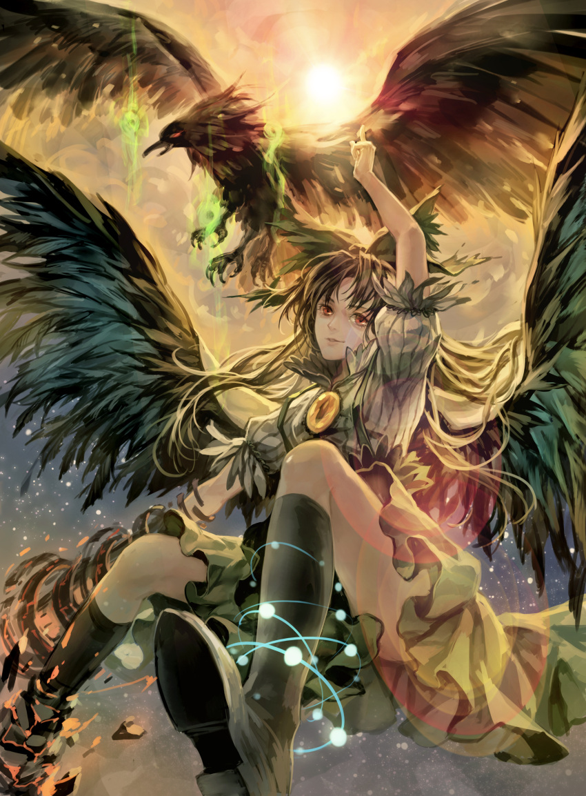 1girl absurdres arm_cannon arm_up bangs bird bird_wings black_hair black_legwear black_shoes black_wings bow debris dissolving green_bow green_skirt hair_bow highres index_finger_raised kneehighs lens_flare light_particles long_hair miniskirt outstretched_arm parted_lips puffy_short_sleeves puffy_sleeves red_eyes reiuji_utsuho reiuji_utsuho_(bird) shirt shoe_soles shoes short_sleeves skirt sky smile solo sun suspender_skirt suspenders third_eye touhou upskirt weapon white_shirt windyakuma wings