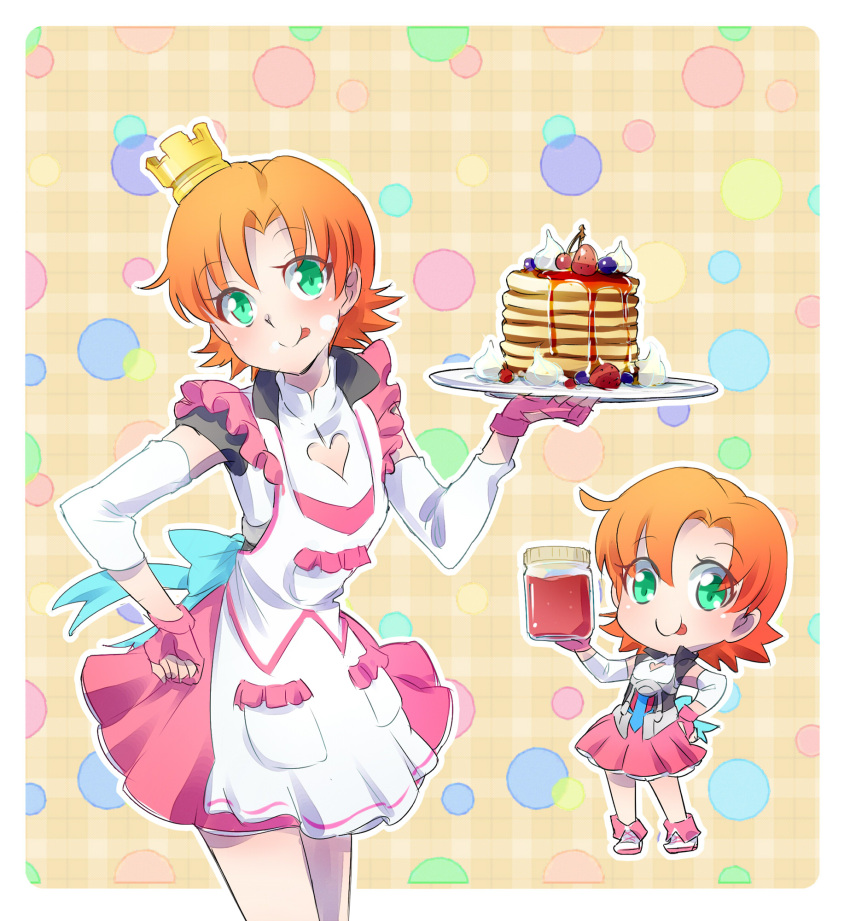 1girl apron blueberry cherry chibi chibi_inset cleavage_cutout crown fingerless_gloves food fruit gloves green_eyes highres iesupa jar nora_valkyrie orange_hair pancake rwby skirt smile solo strawberry syrup tongue tongue_out whipped_cream
