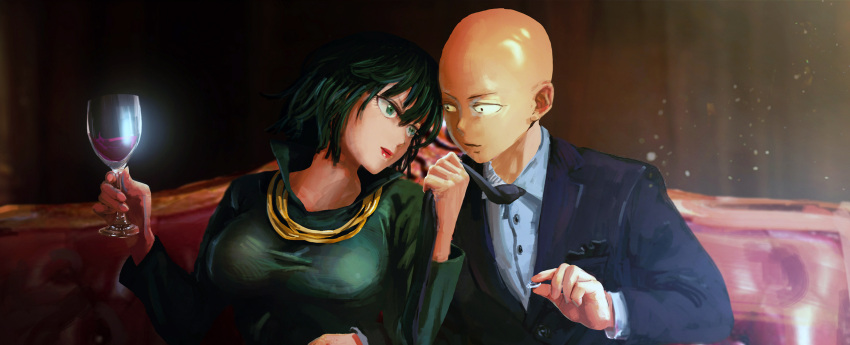 1boy 1girl alcohol alternate_costume bald black_necktie black_suit breasts chair collared_shirt comic cup dress drinking_glass eye_contact fubuki_(one-punch_man) green_dress green_eyes green_hair highres holding_glass jewelry light light_particles lipstick long_sleeves looking_at_another makeup necklace necktie necktie_grab neckwear_grab one-punch_man palee parted_lips red_lips ring saitama_(one-punch_man) shiny shiny_skin shirt short_hair sitting taut_clothes taut_dress tsurime wedding_ring wine wine_glass