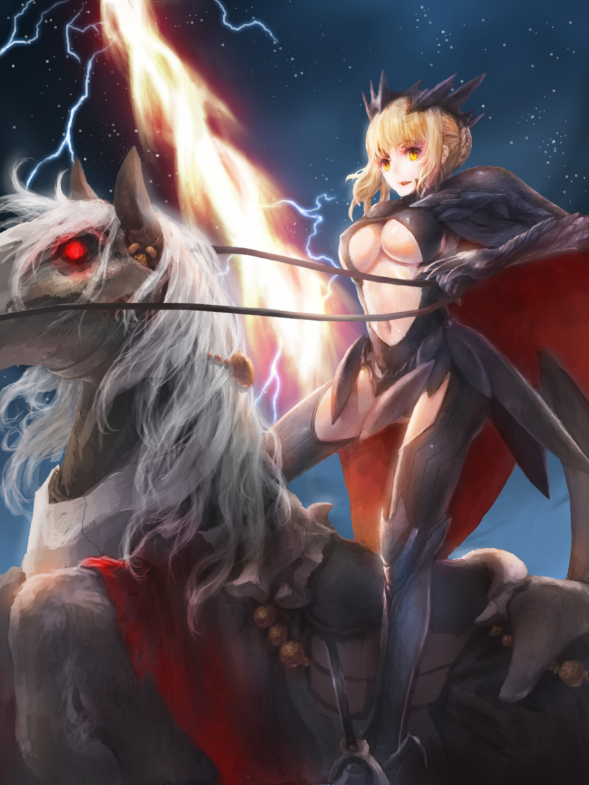 1girl armor artoria_pendragon_alter_(fate/grand_order) blonde_hair boots breasts cape cleavage electricity fantasy fate/grand_order fate_(series) gauntlets highres horns horseback_riding knee_boots large_breasts looking_at_viewer navel pauldrons revealing_clothes rhongomyniad riding saber saber_alter saddle sheepspear short_hair solo under_boob yellow_eyes