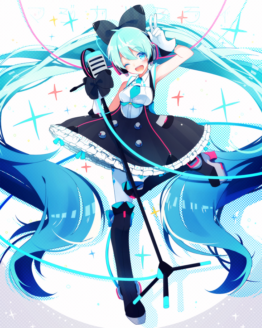 1girl absurdly_long_hair aqua_eyes aqua_hair arm_up boots dress gloves hatsune_miku high_heels highres long_hair magical_mirai_(vocaloid) microphone microphone_stand necktie one_eye_closed open_mouth pantyhose platform_footwear platform_heels ponita solo standing standing_on_one_leg thigh-highs thigh_boots twintails v very_long_hair vocaloid white_background white_gloves
