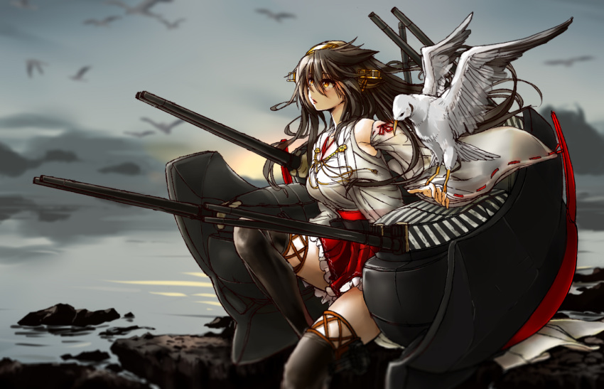 :o bird boots detached_sleeves english frills fuu__taro haruna_(kantai_collection) highres kantai_collection long_hair miniskirt nontraditional_miko parted_lips pleated_skirt seagull sitting skirt thigh-highs thigh_boots turret wide_sleeves wind yellow_eyes