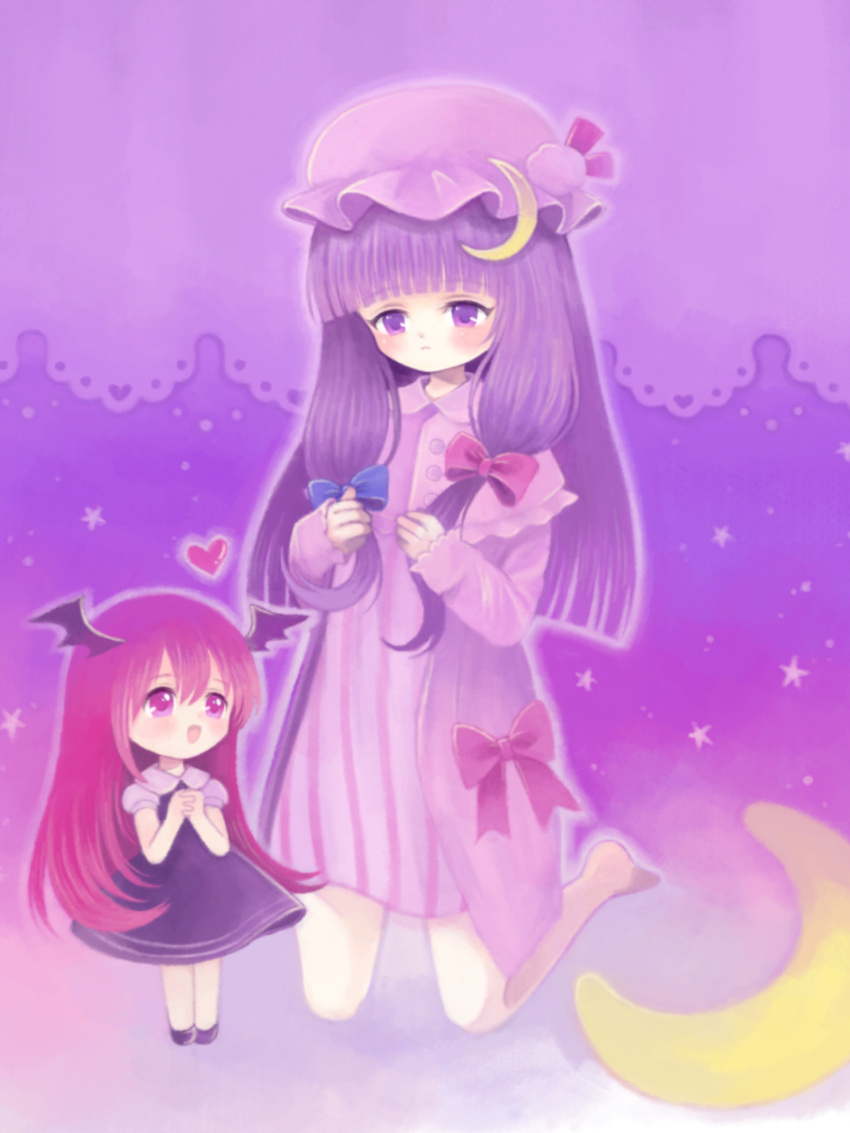 2girls demon_wings dress heart highres kneeling koakuma long_hair looking_up multiple_girls patchouli_knowledge purple purple_coat redhead short_dress size_difference striped striped_dress touhou very_long_hair wings younger