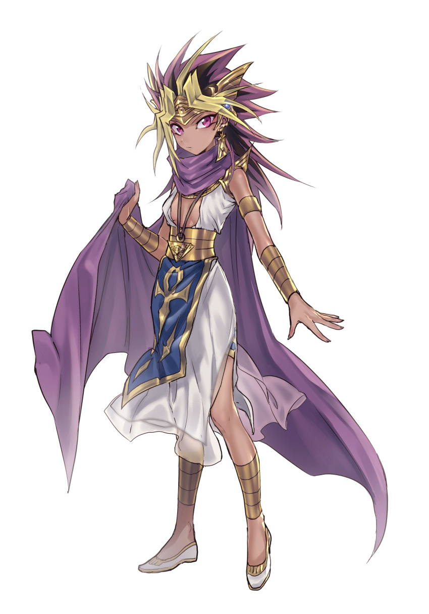 1girl absurdres atem blonde_hair breasts cape center_opening dress earrings full_body genderswap genderswap_(mtf) gold highres jewelry looking_at_viewer maruchi millennium_puzzle multicolored_hair solo spiky_hair violet_eyes white_background white_dress yuu-gi-ou yuu-gi-ou_duel_monsters