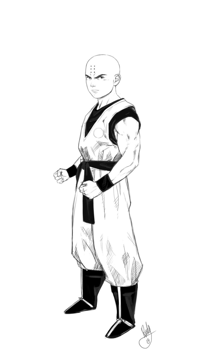 1boy bald boots clenched_hands dougi dragon_ball dragon_ball_z facial_mark forehead_mark full_body highres kuririn male_focus monochrome muscle roosdy_fisher serious signature sketch solo wristband