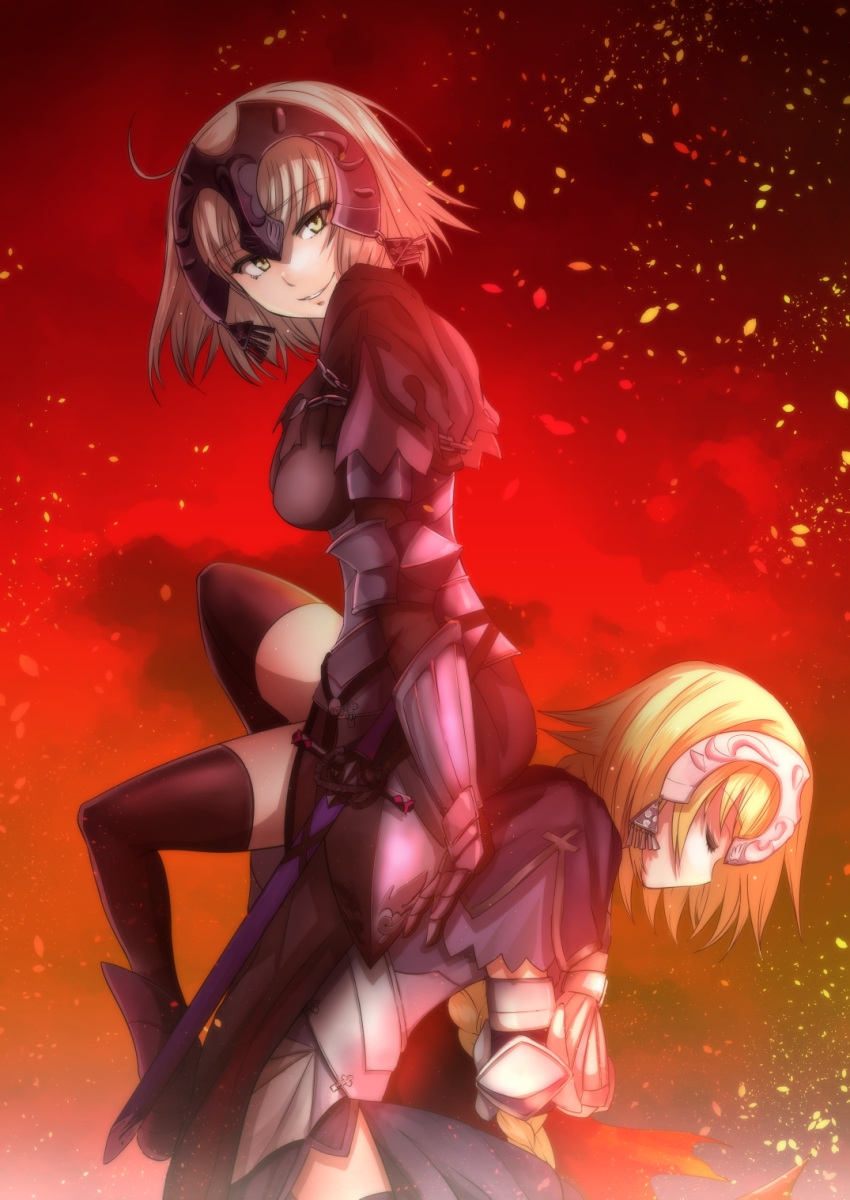 2girls armor armored_dress black_legwear braid chain closed_eyes dual_persona fate/grand_order fate_(series) gauntlets grimjin headpiece highres jeanne_alter kneeling looking_at_viewer multiple_girls ruler_(fate/apocrypha) ruler_(fate/grand_order) sheath sheathed single_braid sitting sitting_on_person smile sword thigh-highs weapon yellow_eyes zettai_ryouiki