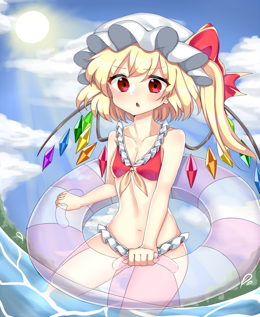&gt;:o 1girl :o absurdres alternate_costume bikini blonde_hair blush cheunes clouds cloudy_sky collarbone crystal eyebrows eyebrows_visible_through_hair flandre_scarlet frilled_bikini frills hair_between_eyes hat highres looking_down midriff mob_cap navel open_mouth partially_submerged red_bikini red_eyes short_hair side_ponytail sky small_breasts swimsuit touhou wings