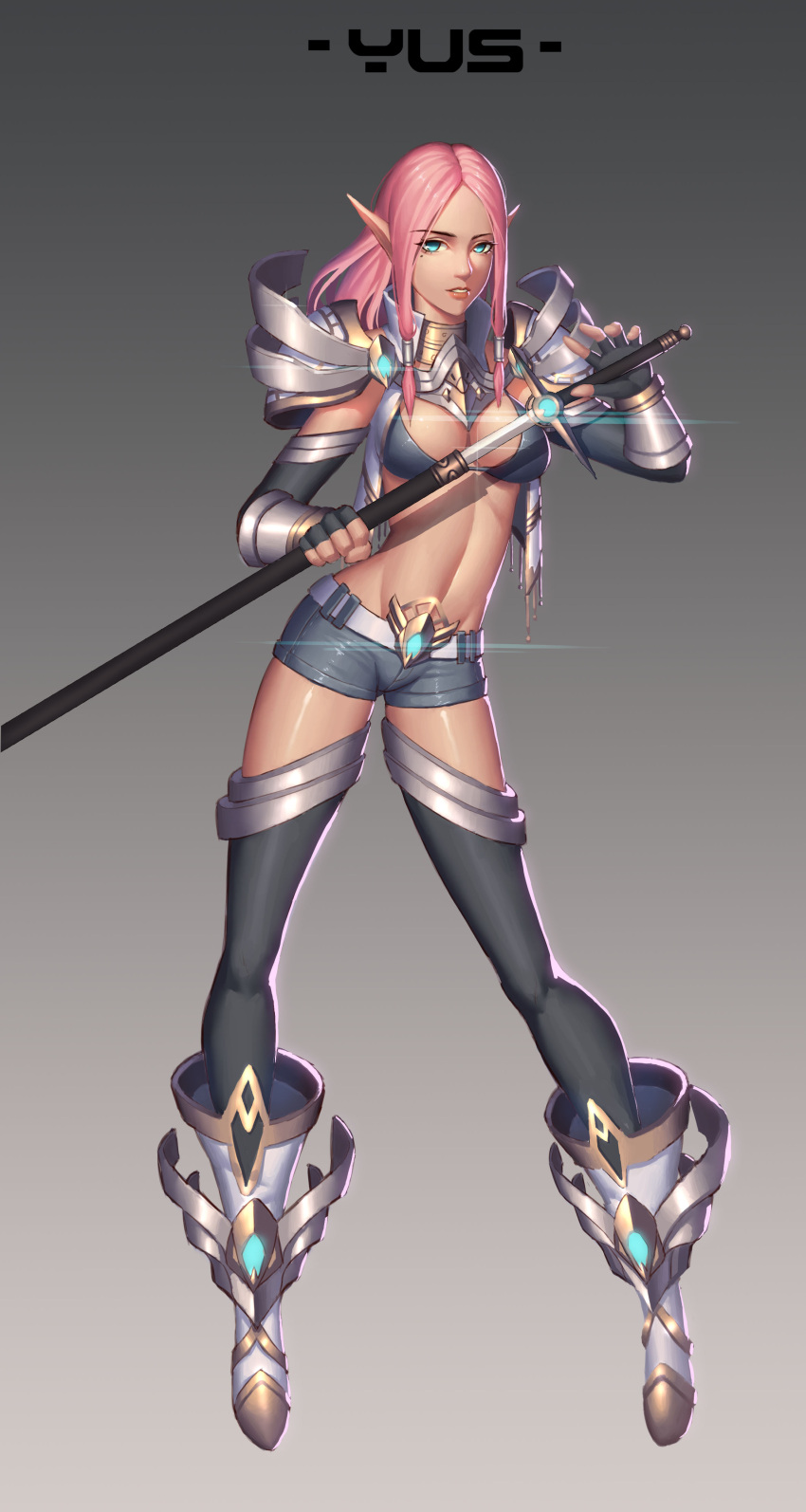 1girl absurdres aqua_eyes artist_name ass_visible_through_thighs belt elbow_gloves elf gloves gorget gradient gradient_background highres long_hair navel parted_lips pink_hair pointy_ears sheath shorts spaulders sword thigh-highs unsheathing vambraces weapon yus