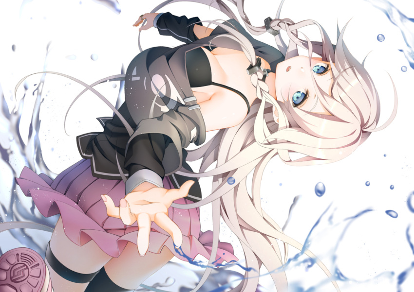 1girl :o black_legwear blue_eyes braid breasts cleavage crop_top crop_top_overhang downblouse eyebrows eyebrows_visible_through_hair fingernails hair_between_eyes hair_ornament highres ia_(vocaloid) jewelry leaning_back long_fingernails long_hair long_sleeves looking_at_viewer miniskirt motion_blur off_shoulder outstretched_arms palms parted_lips pink_skirt pleated_skirt reaching ring shoe_soles silver_hair single_thighhigh skirt solo thigh-highs thigh_strap twin_braids very_long_hair vocaloid water water_drop white_background yoshino_ryou
