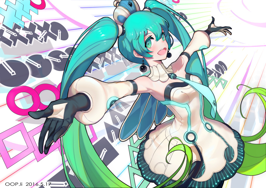 1girl 2016 absurdres aqua_hair armpits artist_name black_gloves collar dated detached_sleeves dress earrings gloves gradient_hair green_eyes green_hair hatsune_miku highres jewelry long_hair looking_at_viewer multicolored_hair necktie oop open_mouth outstretched_arms solo spread_arms twintails very_long_hair vocaloid