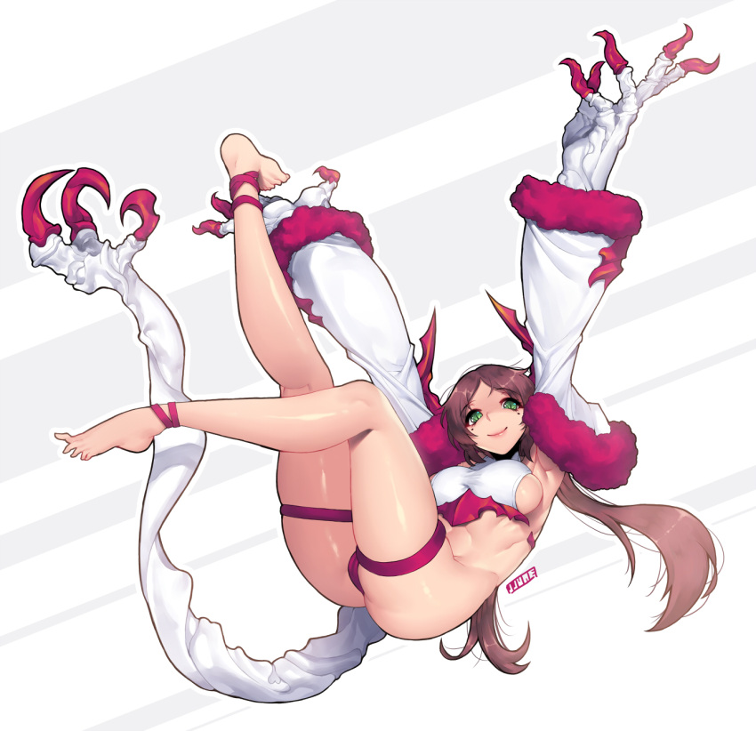 1girl ankle_ribbon anklet armpits ass bare_legs barefoot breasts brown_hair claws crop_top green_eyes highres jewelry jjune large_breasts leg_ribbon long_hair long_sleeves looking_at_viewer low_twintails monster_girl original panties red_panties ribbon sideboob smile solo tail twintails underwear very_long_hair wide_sleeves