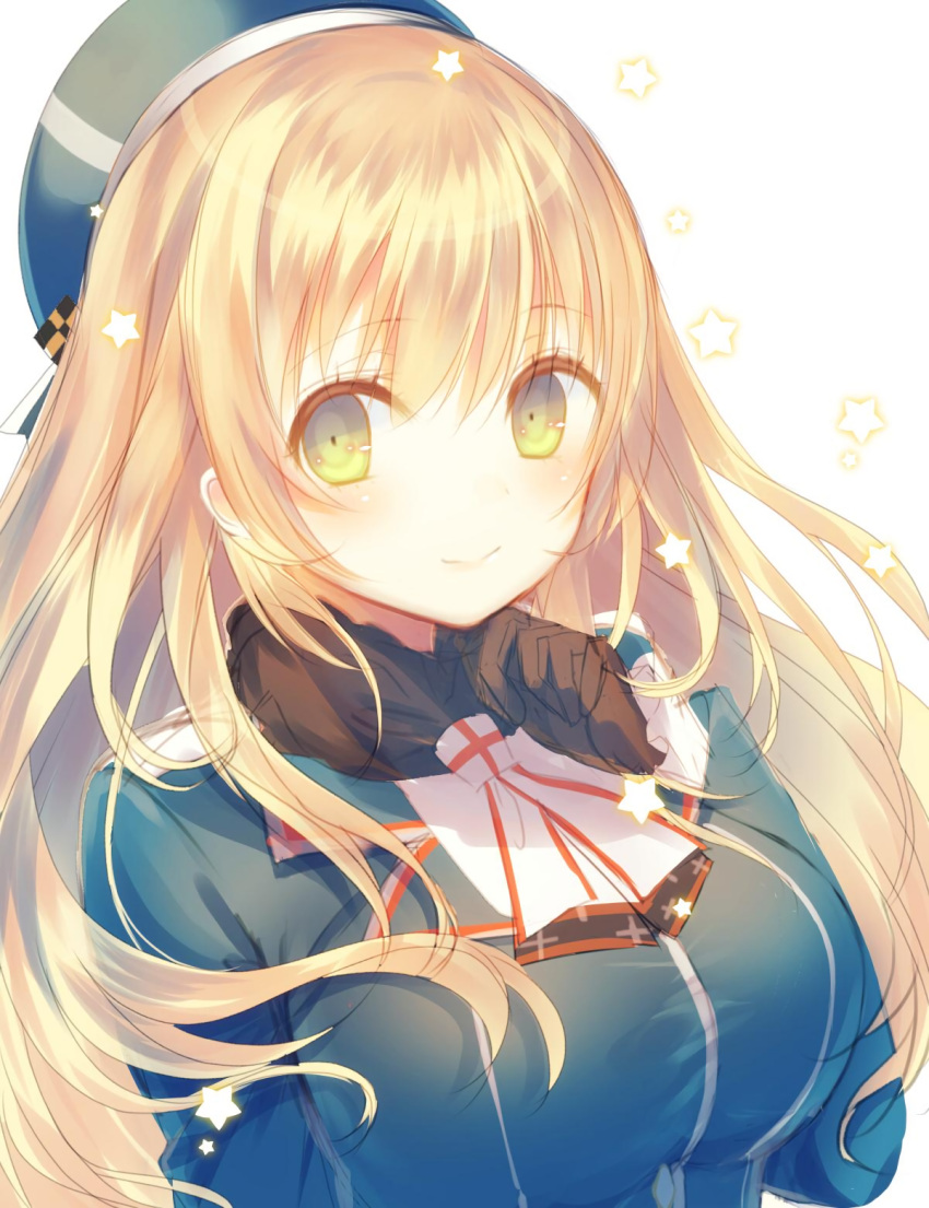 1girl atago_(kantai_collection) blonde_hair blush breasts gloves green_eyes hat highres io_enishi kantai_collection large_breasts long_hair smile solo star starry_background uniform