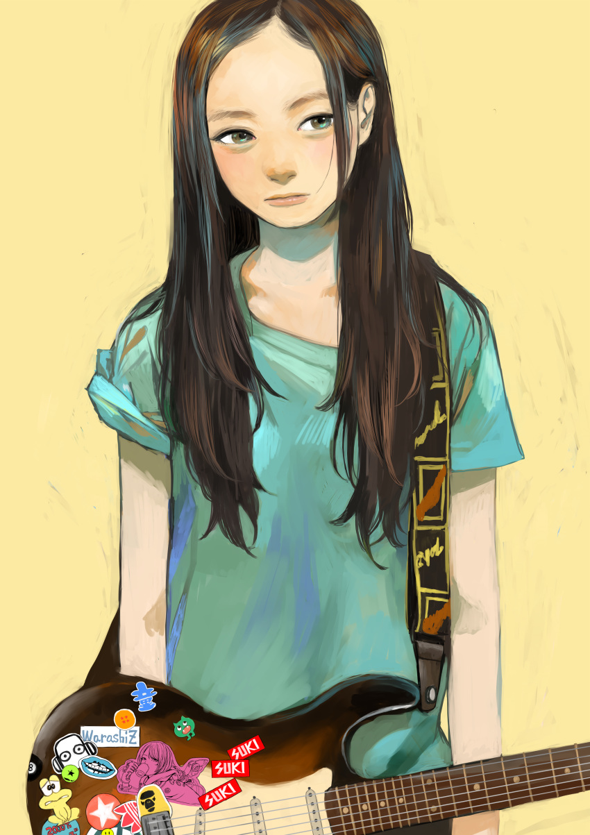 1girl absurdres artist_name bangs blue_shirt brown_hair electric_guitar eyebrows forehead frown green_eyes guitar head_tilt highres instrument junjunforever lips long_hair looking_to_the_side mouth nose original parted_bangs sad shirt simple_background solo standing sticker strap upper_body yellow_background