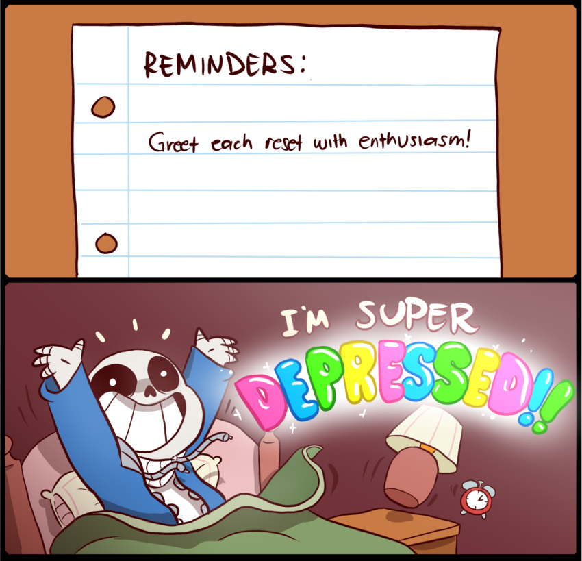 1boy alarm_clock bed clock english falling grin highres hood hoodie lamp mudkipful paper parody rainbow_text sans skeleton smile spoilers sticky_note undertale waking_up