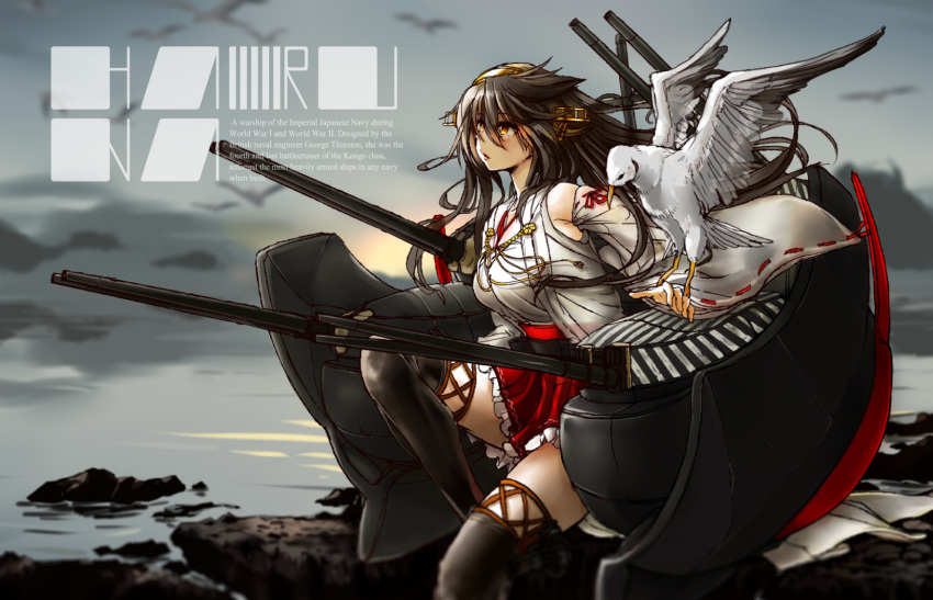:o bird boots detached_sleeves english fuu__taro haruna_(kantai_collection) highres kantai_collection long_hair miniskirt nontraditional_miko parted_lips pleated_skirt seagull sitting skirt thigh-highs thigh_boots turret wide_sleeves wind yellow_eyes