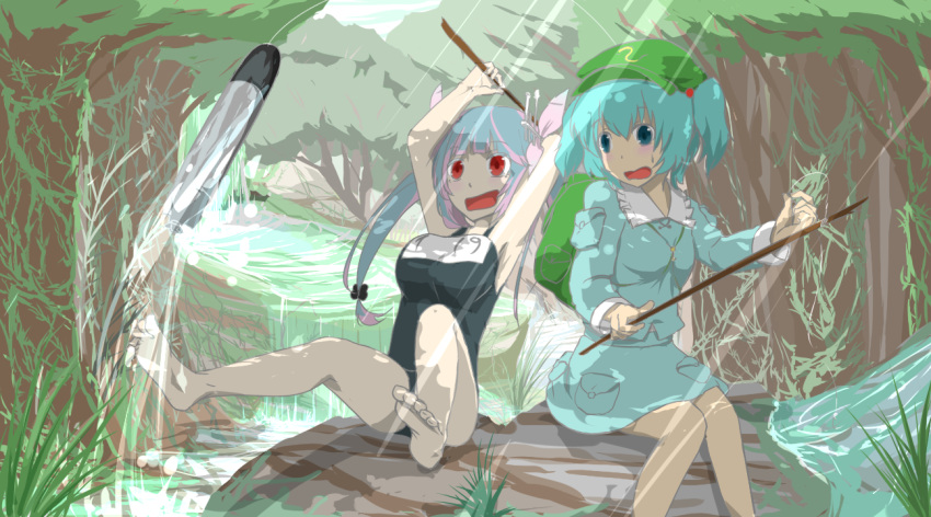 2girls armpits bare_legs barefoot blue_eyes blue_hair character_name crossover e__mishi fishing fishing_rod forest grass hair_bobbles hair_ornament hair_ribbon hat i-19_(kantai_collection) kantai_collection kawashiro_nitori looking_to_the_side multiple_girls nature open_mouth outdoors red_eyes ribbon school_swimsuit sitting_on_rock sketch skirt skirt_set stream swimsuit torpedo touhou twintails two_side_up
