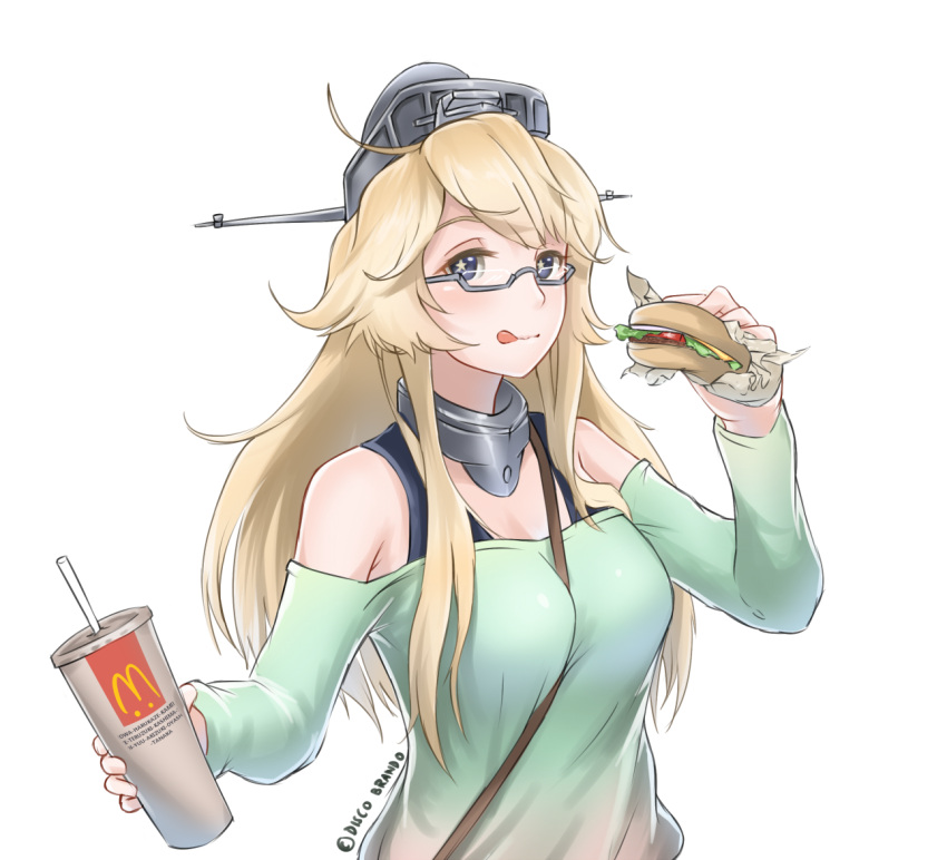 1girl :q alternate_costume bangs between_breasts blonde_hair blue_eyes blush breasts casual cup disco_brando drinking_straw food glasses hair_between_eyes hamburger headgear holding holding_food iowa_(kantai_collection) kantai_collection large_breasts long_hair long_sleeves looking_at_viewer mcdonald's off-shoulder_shirt product_placement semi-rimless_glasses shirt smile solo star star-shaped_pupils swept_bangs symbol-shaped_pupils tongue tongue_out under-rim_glasses upper_body