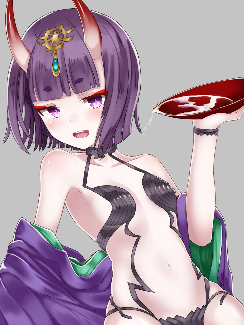 1girl alcohol bangs bare_shoulders blunt_bangs bob_cut clothes_down collarbone cowboy_shot eyebrows eyebrows_visible_through_hair fate/grand_order fate_(series) grey_background highres holding horns japanese_clothes jewelry jitome kimono looking_at_viewer navel oni open_mouth purple_hair revealing_clothes sakazuki sake short_hair shuten_douji_(fate/grand_order) simple_background slit_pupils small_breasts solo tem+ thick_eyebrows violet_eyes