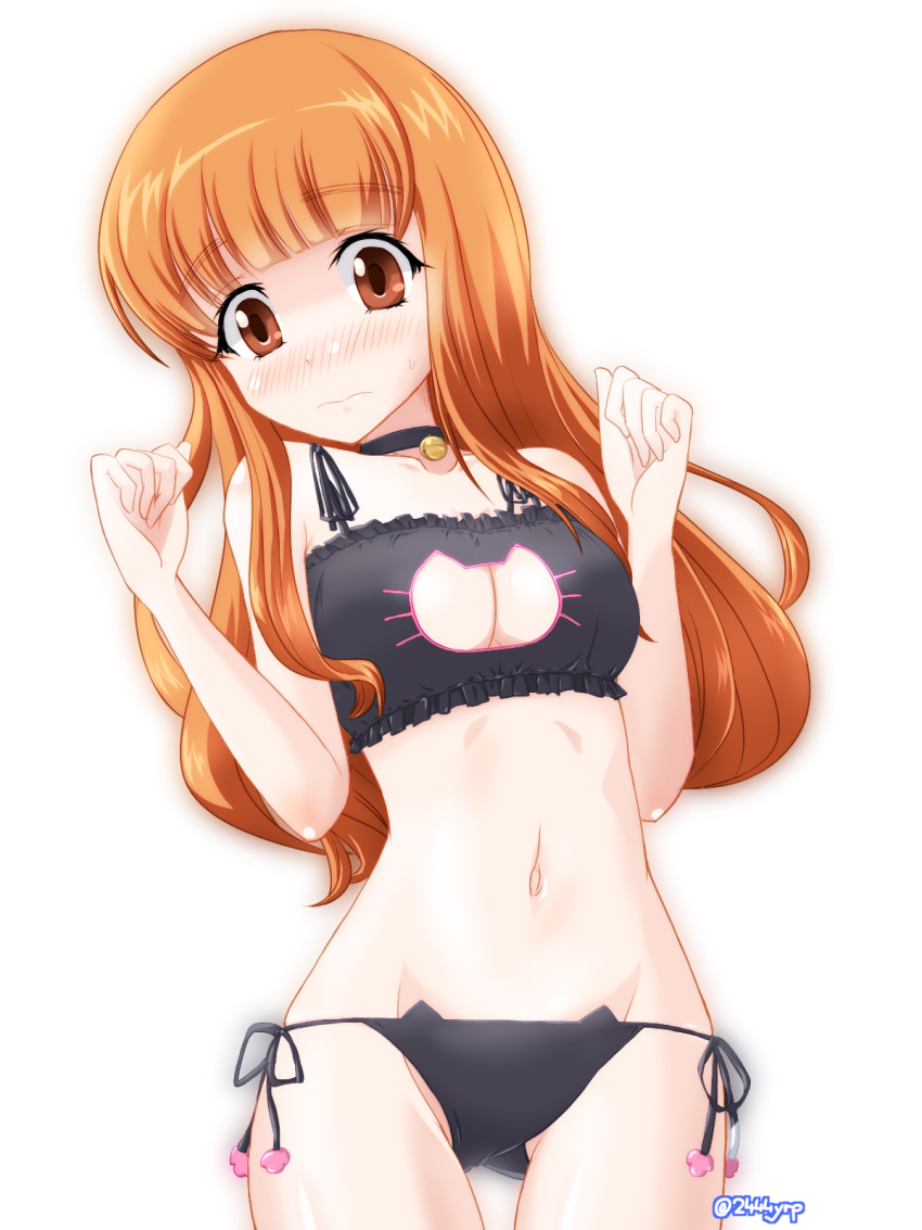 1girl bell bell_collar black_bra black_panties bra breasts brown_eyes brown_hair cat_lingerie cleavage cleavage_cutout collar collarbone embarrassed girls_und_panzer highres long_hair navel nzack panties side-tie_panties signature simple_background solo takebe_saori underwear underwear_only white_background