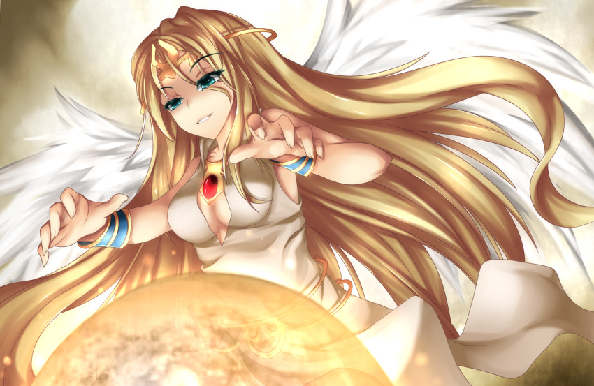 1girl angel_wings background blonde_hair blue_bracelets blue_eyes breasts censored choker circlet cleavage cleavage_cutout commentary commentary_request crystal_ball cyan_bracelets cyan_eyes dress fantasy feathered_wings fi-san gem_on_head goddess gold_hair golden_hair highres ilias impossible_clothes jewelry long_hair mon-musu_quest! monster_girl panties pointy_ears sash scarf smile smirk solo spoilers tiara torotoro_resistance underwear upper_body very_long_hair white_wings wings