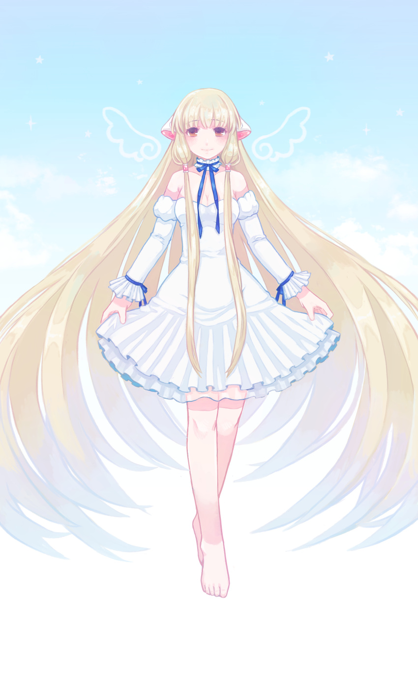 1girl barefoot blonde_hair blue_ribbon breasts brown_eyes chii chobits cleavage dress full_body highres long_hair looking_at_viewer ribbon saino smile solo white_dress wings