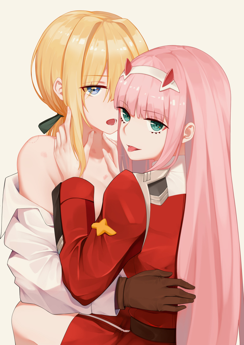 absurdres aqua_eyes bangs bare_shoulders between_legs blonde_hair blue_eyes breasts brown_gloves darling_in_the_franxx dress_shirt eyebrows_visible_through_hair eyeshadow face-to-face french_kiss gloves hair_between_eyes hair_intakes hair_ribbon hairband hand_on_hip hands_on_neck highres horns kiss long_hair long_sleeves looking_back makeup military military_uniform pink_hair ribbon saliva saliva_trail scar shiny shiny_hair shirt straight_hair tongue tongue_out uniform violet_evergarden violet_evergarden_(character) white_hairband white_shirt yer yuri zero_two_(darling_in_the_franxx)