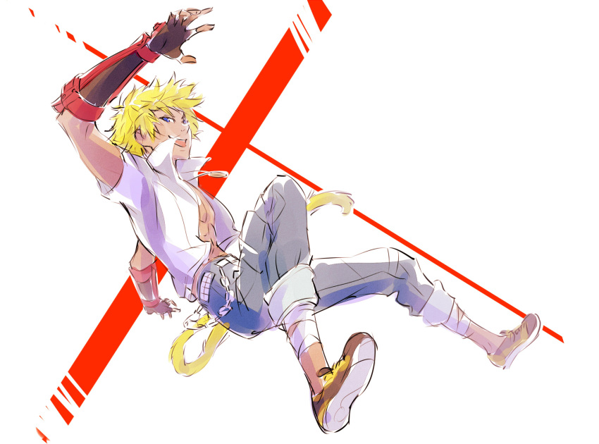 1boy abs blonde_hair blue_eyes bracer fingerless_gloves gloves highres iesupa jewelry monkey_tail necklace open_clothes open_shirt pants rwby shirt solo sun_wukong_(rwby)