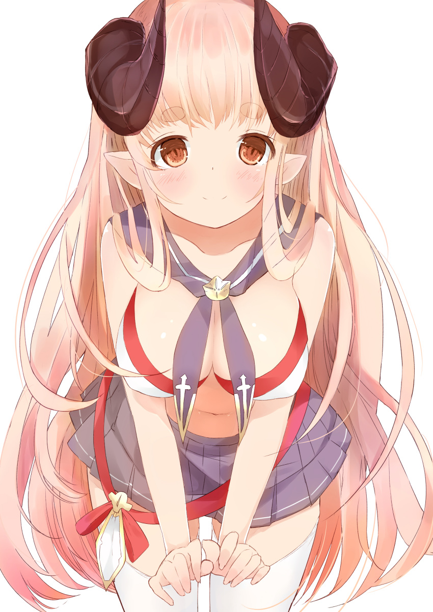 1girl absurdres ahoge anila_(granblue_fantasy) bare_shoulders breasts eyebrows eyebrows_visible_through_hair granblue_fantasy highres horns large_breasts leaning_forward light_brown_hair long_hair looking_at_viewer midriff miniskirt navel orange_eyes pleated_skirt pointy_ears revealing_clothes sheep_horns shimohasira short_eyebrows skirt smile thigh-highs white_legwear
