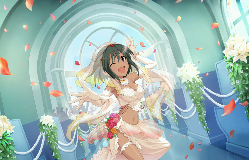 1girl ;d artist_request bouquet bracelet breasts bridal_veil choker circlet cleavage dark_skin dress earrings elbow_gloves flower gloves idolmaster idolmaster_cinderella_girls idolmaster_cinderella_girls_starlight_stage jewelry jpeg_artifacts midriff natalia_(idolmaster) navel official_art one_eye_closed open_mouth petals short_hair smile solo star thigh_strap veil violet_eyes wedding_dress