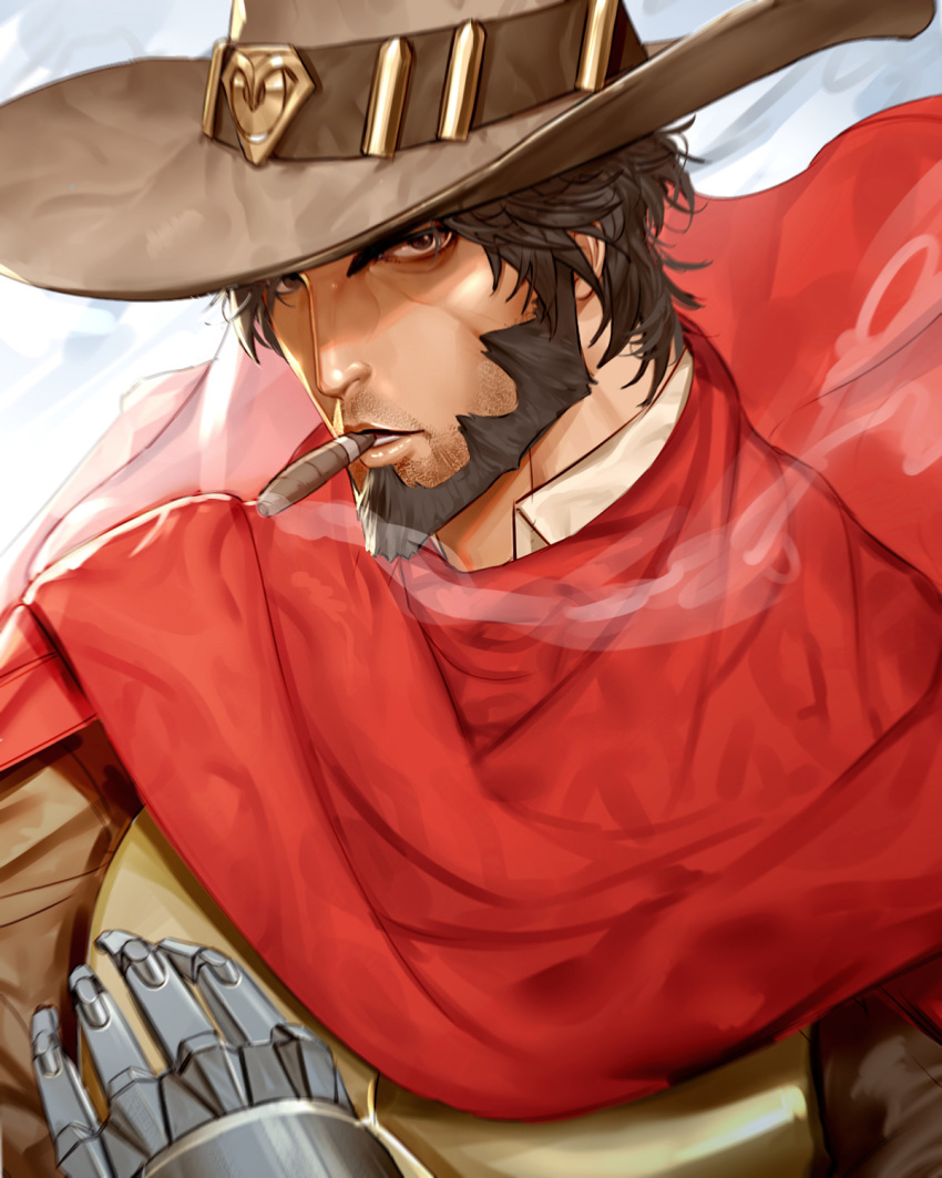 1boy beard brown_eyes brown_hair cigar cowboy_hat facial_hair hat highres looking_at_viewer male_focus mccree_(overwatch) mechanical_arm overwatch shaded_face smoking solo stubble won_jade