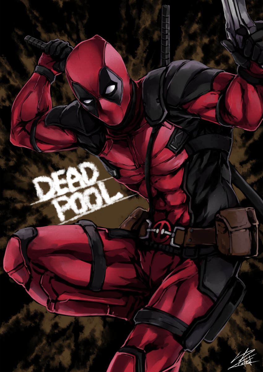 1boy belt deadpool gun highres looking_at_viewer male_focus marvel mask solo sword weapon yusuki_(fukumen)