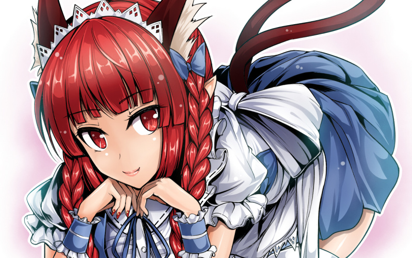 1girl alternate_costume animal_ears apron bangs blue_dress blunt_bangs braid cat_ears cat_tail chin_rest dress enmaided extra_ears eyebrows eyebrows_visible_through_hair frills kaenbyou_rin lips maid maid_apron maid_headdress multiple_tails nekomata puffy_short_sleeves puffy_sleeves red_eyes redhead short_dress short_sleeves tail thigh-highs touhou twin_braids white_legwear y2