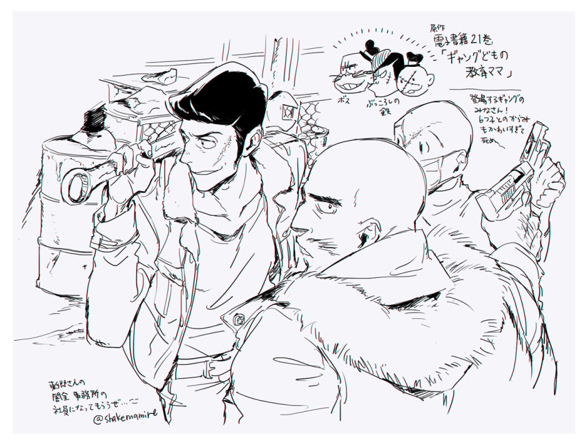 3boys bald coat contemporary extra facial_hair fur_trim gun handgun looking_at_viewer male_focus multiple_boys mustache orionwo osomatsu-kun pistol pompadour scar surgical_mask translation_request twitter_username weapon wrench