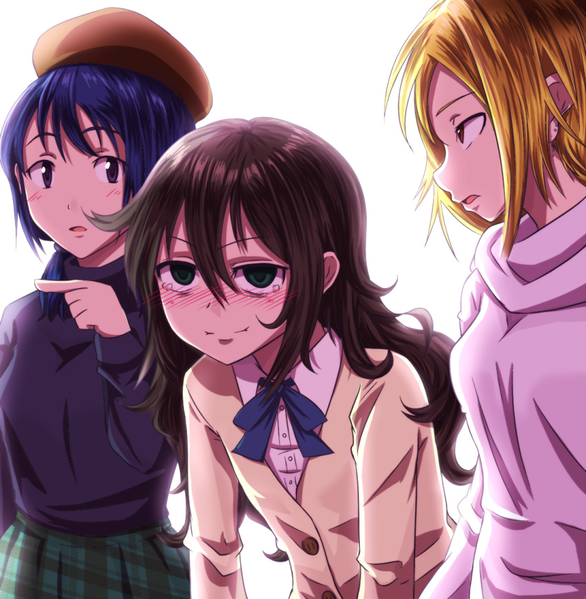 backlighting beret blonde_hair blue_hair blush brown_eyes brown_hair ear_piercing green_eyes hat kaigara_suupu kuroki_tomoko neck_ribbon piercing plaid plaid_skirt pointing ribbon school_uniform sidelocks skirt slouching smile sweater tamara_yuri tears violet_eyes watashi_ga_motenai_no_wa_dou_kangaetemo_omaera_ga_warui! yoshida_(watashi_ga_motenai_no_wa_dou_kangaetemo_omaera_ga_warui!)