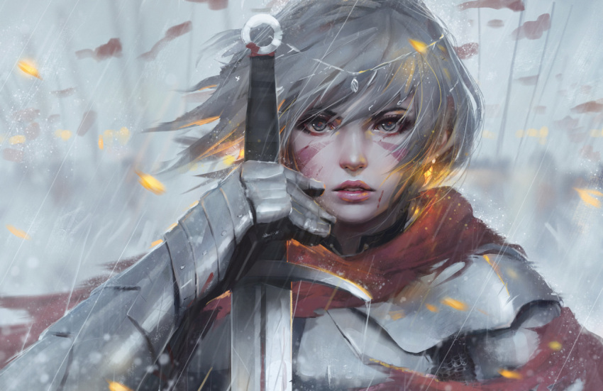 1girl banner breastplate circlet earrings facepaint fantasy gauntlets glowing grey_eyes guweiz holding holding_sword holding_weapon jewelry looking_at_viewer original outdoors parted_lips pink_lips polearm portrait rain red_scarf scarf silhouette silver_hair solo_focus spear sword upper_body water weapon