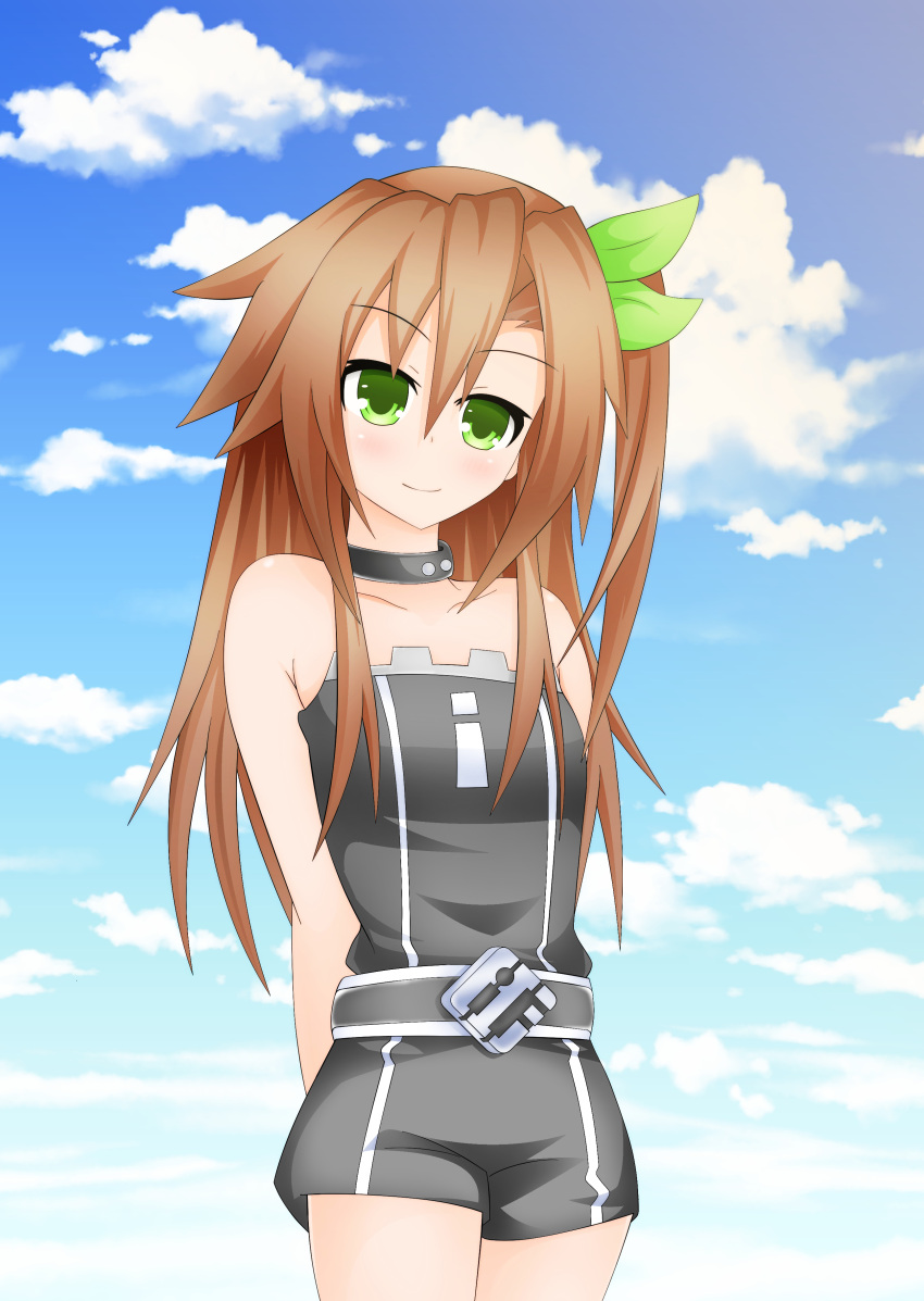 1girl absurdres bare_shoulders bow brown_hair green_eyes hair_bow hair_ornament highres if_(choujigen_game_neptune) kyou long_hair looking_at_viewer neptune_(series) ribbon side_ponytail sky smile solo