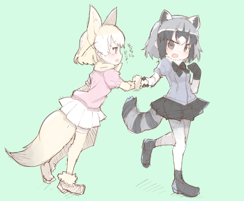 2girls animal_ears bow bowtie check_translation common_raccoon_(kemono_friends) fang fennec_(kemono_friends) fox_ears fox_tail fur_trim gloves hand_holding kemono_friends multicolored_hair multiple_girls open_mouth pantyhose pleated_skirt puffy_short_sleeves puffy_sleeves raccoon_ears raccoon_tail short_hair short_sleeves skirt tail teranekosu thigh-highs translation_request