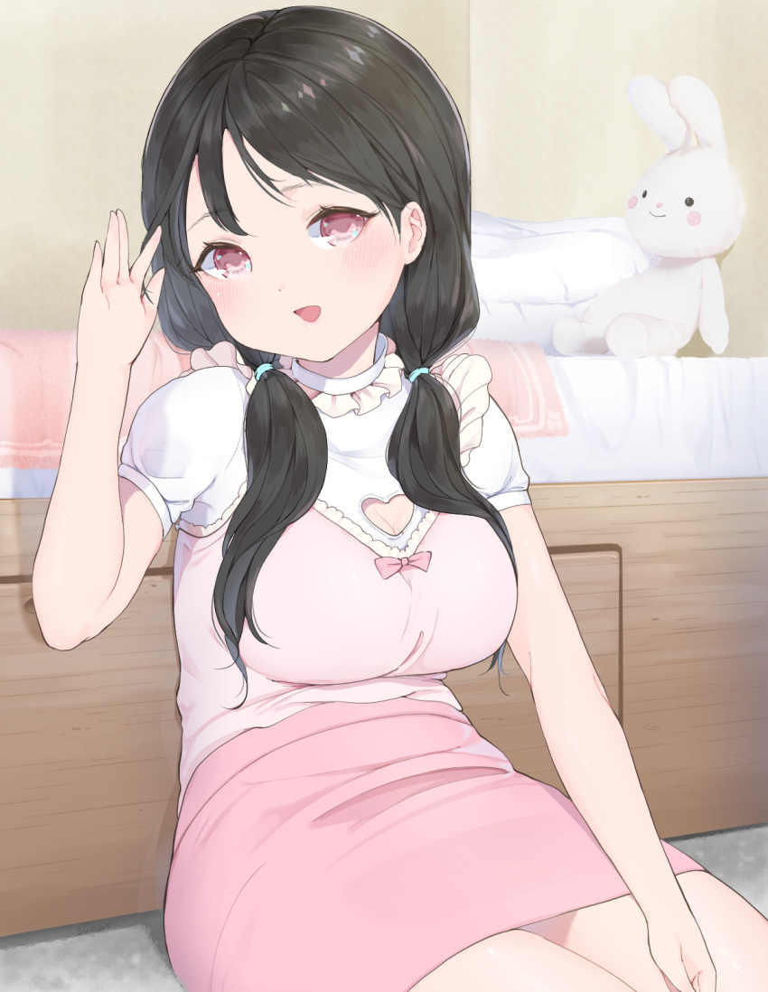1girl bed black_hair blush breasts highres large_breasts long_hair original pillow red_eyes sitting skirt smile solo stuffed_animal stuffed_bunny stuffed_toy twintails ushinomiya