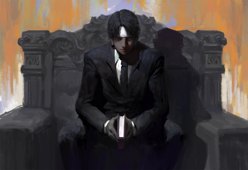 1boy black_hair black_jacket black_necktie black_pants book chrollo_lucilfer closed_mouth collared_shirt diaodiao earrings formal headband holding holding_book hunter_x_hunter jacket jewelry long_sleeves looking_at_viewer male_focus necktie pant_suit pants shade shadow shirt sitting solo suit throne traditional_media white_shirt
