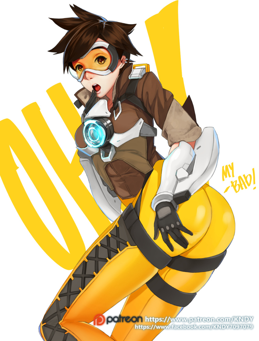 1girl ass breasts brown_hair earrings english gloves hand_on_hip hand_to_own_mouth highres jewelry kndy open_mouth overwatch patreon short_hair simple_background solo tracer_(overwatch) visor watermark web_address white_background