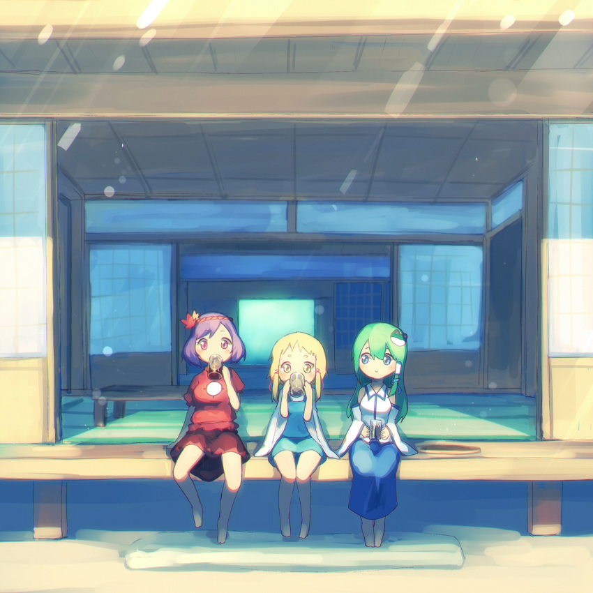 3girls ayakashi_(monkeypanch) barefoot blonde_hair blue_eyes blush detached_sleeves drinking frog_hair_ornament full_body green_hair hair_ornament hair_tubes highres japanese_clothes kochiya_sanae long_hair long_sleeves looking_at_another looking_at_viewer miko moriya_suwako multiple_girls no_hat pink_eyes puffy_sleeves purple_hair shirt short_hair short_sleeves sitting skirt skirt_set snake_hair_ornament touhou vest wide_sleeves yasaka_kanako yellow_eyes