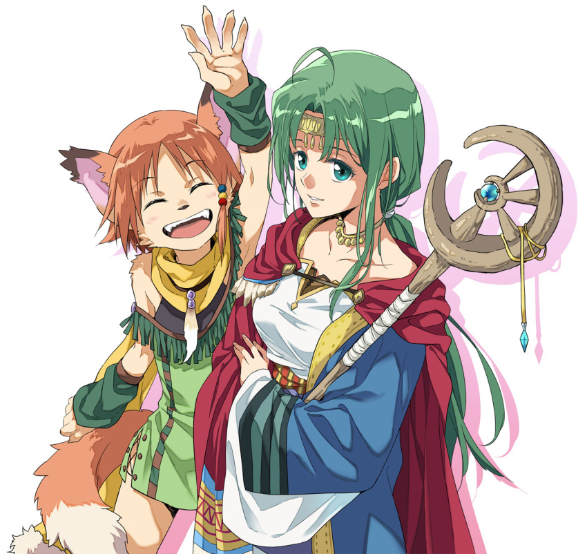 2girls agahari ahoge animal_ears animal_nose arm_warmers beads cape circlet claws collarbone commentary dress fur green_eyes green_hair hair_beads hair_ornament highres jewelry light_smile multiple_girls necklace open_mouth original ponytail shadow smile staff tail