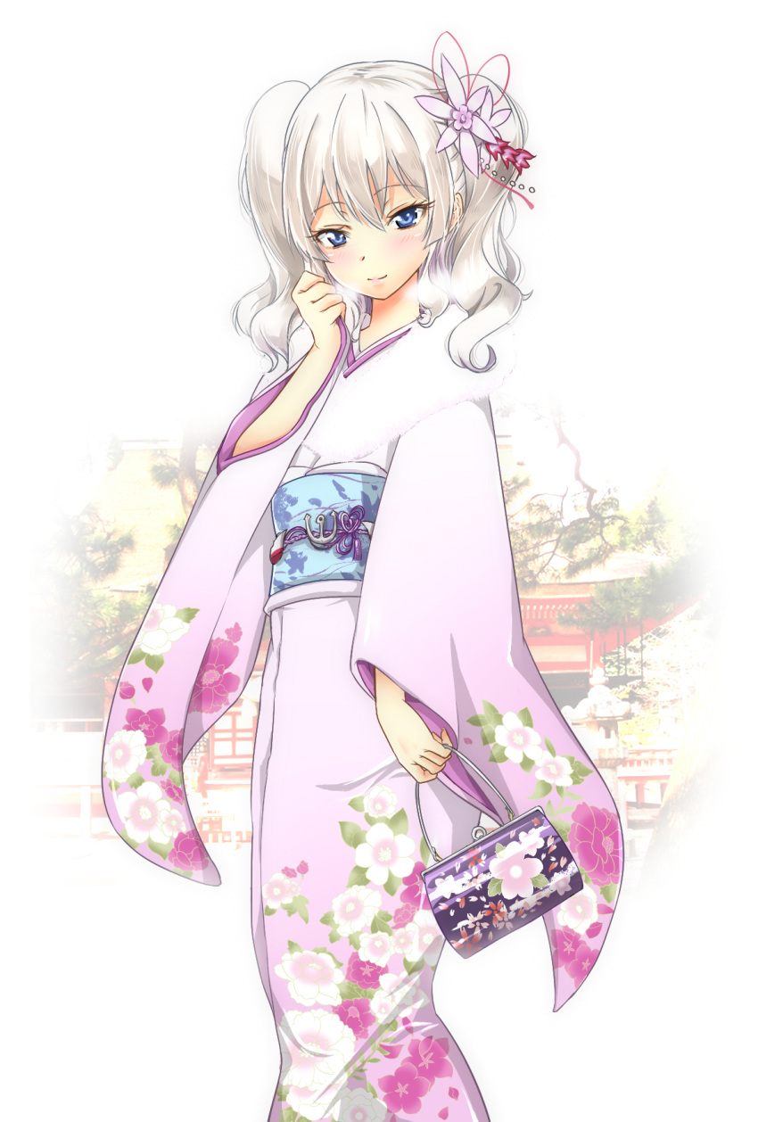1girl alternate_costume architecture blue_eyes blurry_background east_asian_architecture floral_print flower hair_flower hair_ornament highres japanese_clothes kantai_collection kashima_(kantai_collection) kimono long_hair looking_at_viewer obi outdoors pink_clothes sarfata sash silver_hair smile twintails wavy_hair wide_sleeves