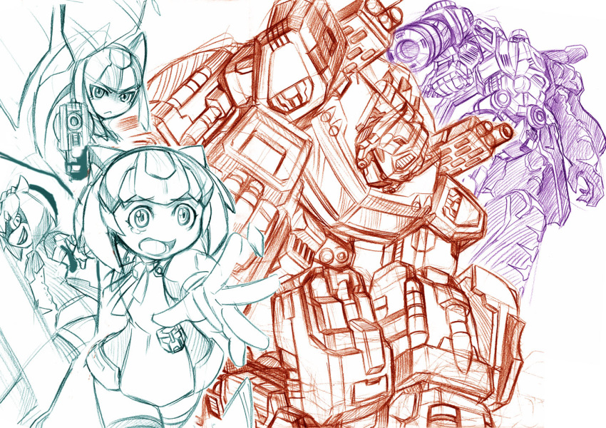 3girls android arm_cannon autobot cannon dark_persona decepticon gun humanoid_robot kamizono_(spookyhouse) little_helper_(tflh) machine machinery mecha megatron multiple_boys multiple_girls no_humans open_mouth optimus_prime original personification pointing pointing_at_viewer robot science_fiction sketch transformers weapon