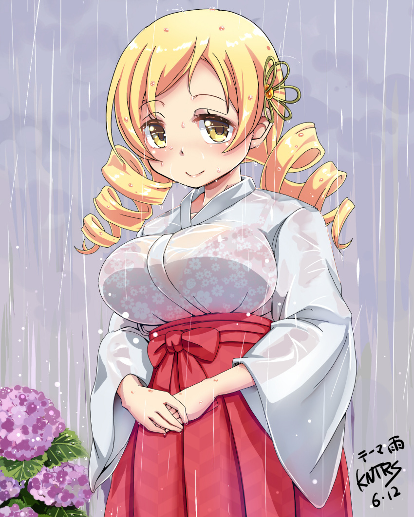 1girl absurdres blonde_hair breasts drill_hair flower highres japanese_clothes kentarosu7 long_hair mahou_shoujo_madoka_magica miko rain smile solo tomoe_mami twin_drills twintails wet wet_clothes yellow_eyes
