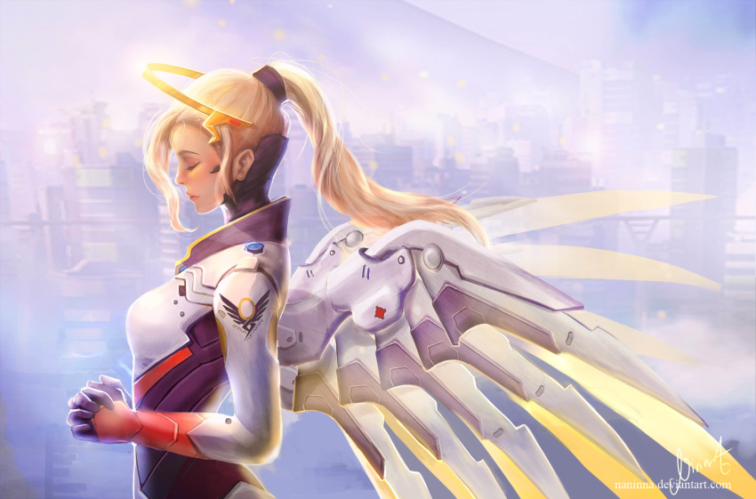 1girl absurdres bangs black_gloves blonde_hair breastplate breasts closed_eyes cross emblem eyebrows eyelashes gloves hands_together high_ponytail highres interlocked_fingers light_smile lips lipstick logo long_hair makeup mechanical_halo mechanical_wings mercy_(overwatch) overwatch parted_lips petals ponytail profile signature solo upper_body watermark web_address wings