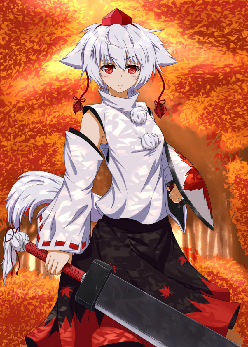 1girl animal_ears autumn autumn_leaves detached_sleeves forest hat highres inubashiri_momiji leaf looking_at_viewer maple_leaf nature pom_pom_(clothes) red_eyes sarashi shield short_hair silver_hair solo sword tail tokin_hat touhou weapon wide_sleeves wolf_ears wolf_tail
