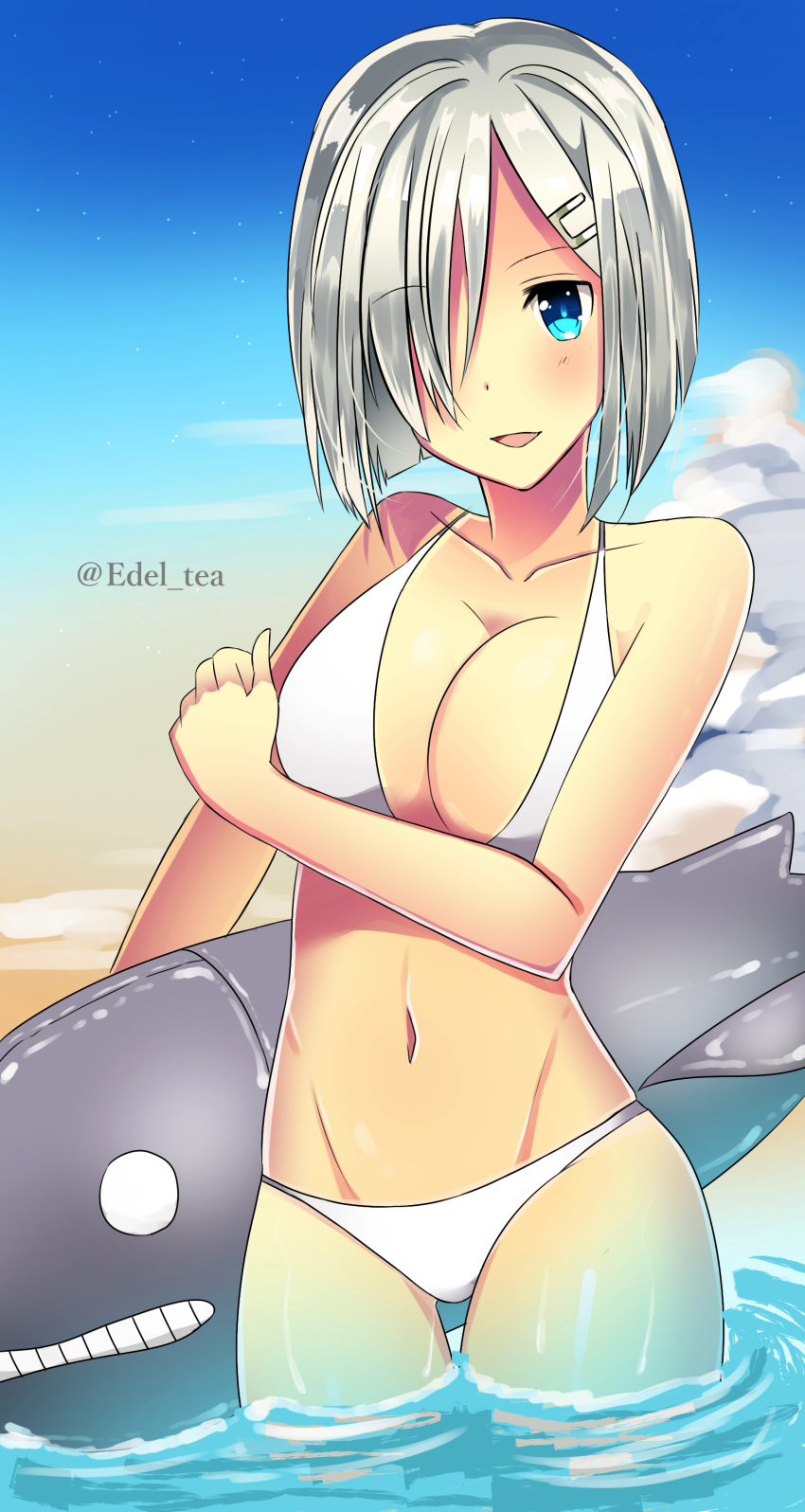 1girl absurdres arm_grab bare_arms bare_shoulders bikini blue_eyes breasts edel_(edelcat) hair_ornament hair_over_one_eye hairclip halterneck hamakaze_(kantai_collection) highres kantai_collection large_breasts looking_at_viewer midriff multicolored_background navel partially_submerged short_hair silver_hair smile standing standing_on_liquid swimsuit white_bikini