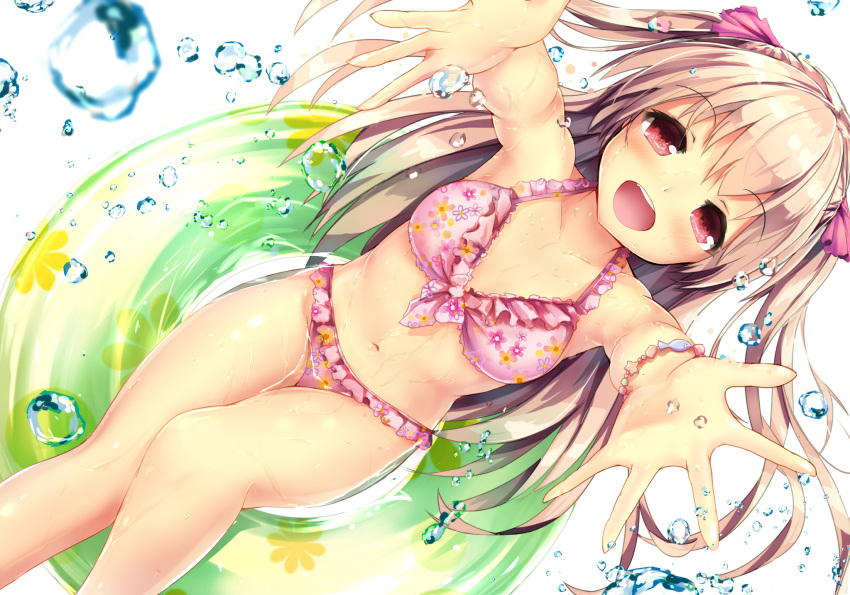 1girl bikini blonde_hair blush breasts highres innertube long_hair missile228 navel open_mouth original outstretched_arms red_eyes simple_background solo swimsuit two_side_up water