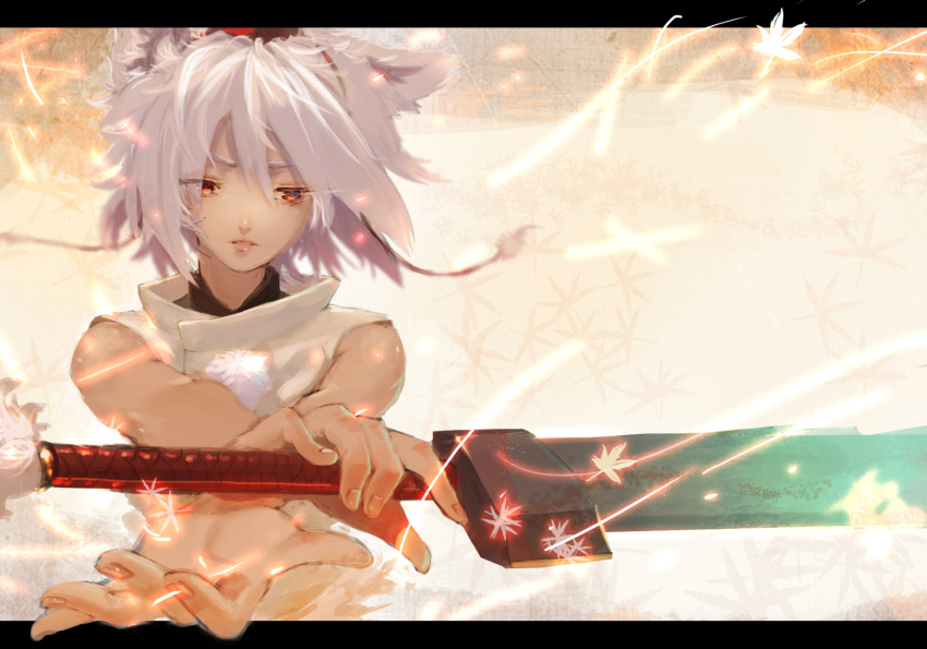 1girl albino animal_ears hat highres inubashiri_momiji katsuan_(mikecat38) leaf letterboxed lips looking_to_the_side maple_leaf outstretched_arms parted_lips red_eyes shirt short_hair sleeveless solo string sword tokin_hat touhou upper_body weapon white_hair wolf_ears